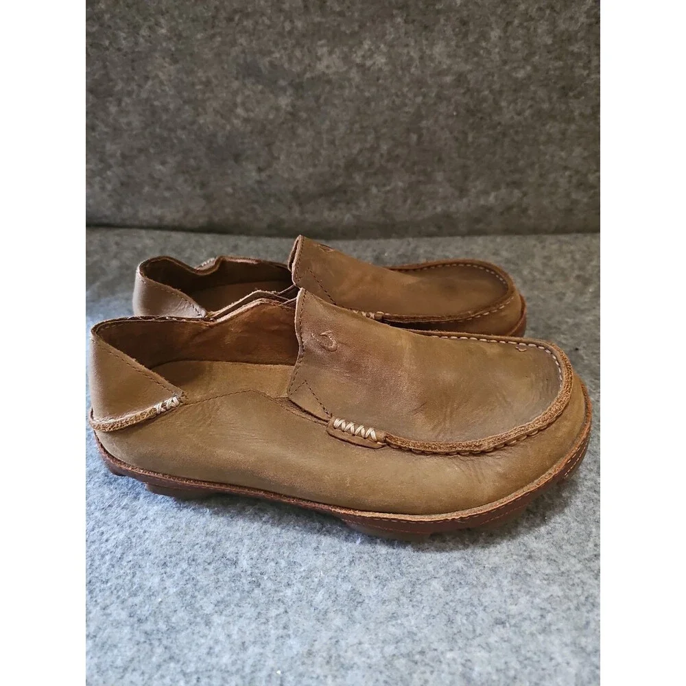 OluKai Moloa Mens Slip On Leather Shoes Ray/Toffee Size 7. Comfort,  Hippie READ